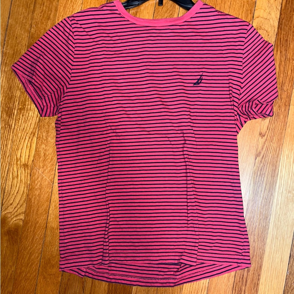Mens Medium Nautica Pink and Black striped T shirt